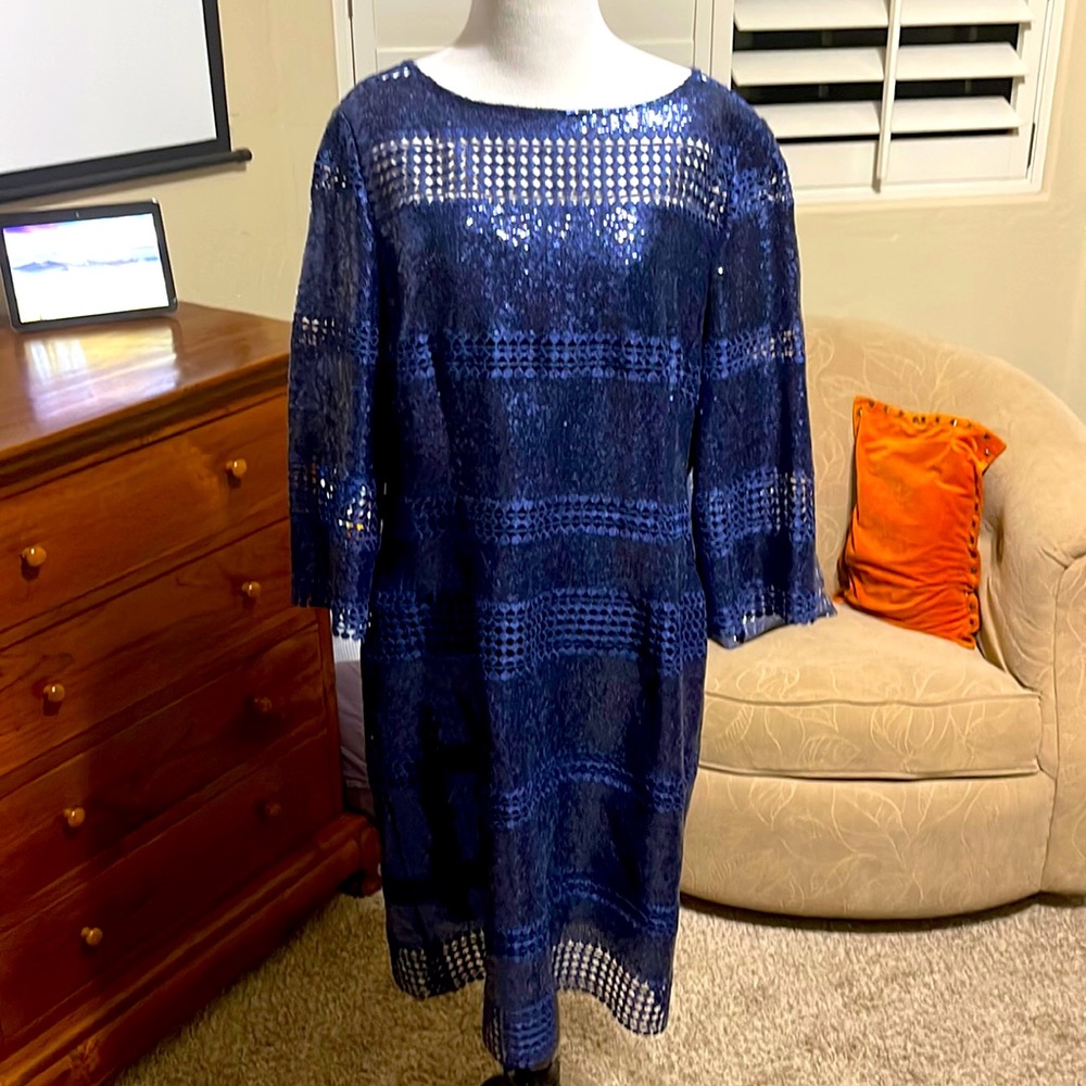 Brand New WITH tags dark blue sequined GORGEOUS knee length cocktail dress